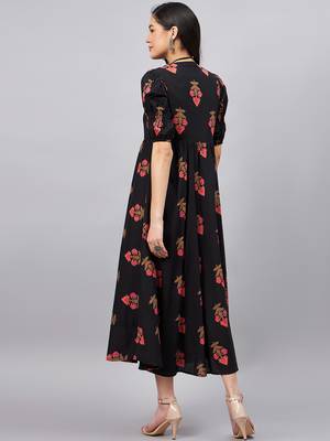 Winered women black ethenic motif printed a-line dress 5