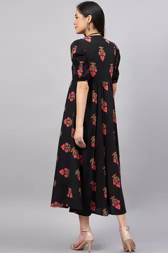 Winered women black ethenic motif printed a-line dress