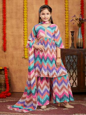 Aarika girls ethnic wear pink colour bandhani print with lace work silk kurti sharara set 1