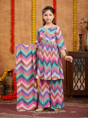 Aarika girls ethnic wear pink colour bandhani print with lace work silk kurti sharara set 2