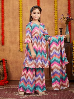 Aarika girls ethnic wear pink colour bandhani print with lace work silk kurti sharara set 3