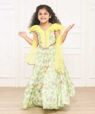 Green printed fabric floral lehenga blouse set 1