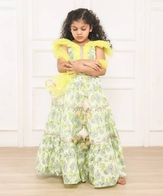 Green printed fabric floral lehenga blouse set 2