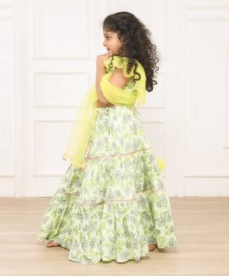 Green printed fabric floral lehenga blouse set 3