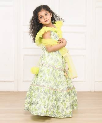 Green printed fabric floral lehenga blouse set 4