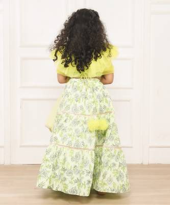 Green printed fabric floral lehenga blouse set 5