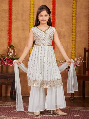 Aarika girls ethnic wear off white colour sequins zari embroidery georgette kurti sharara set 1