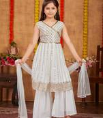 Aarika girls ethnic wear off white colour sequins zari embroidery georgette kurti sharara set