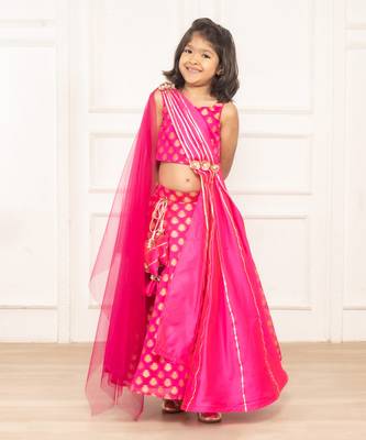 Pink brocade print booti lehenga blouse set 1