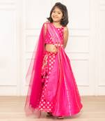 Pink brocade print booti lehenga blouse set