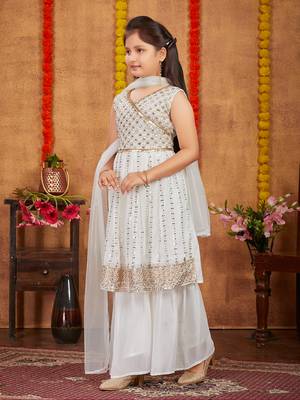 Aarika girls ethnic wear off white colour sequins zari embroidery georgette kurti sharara set 2