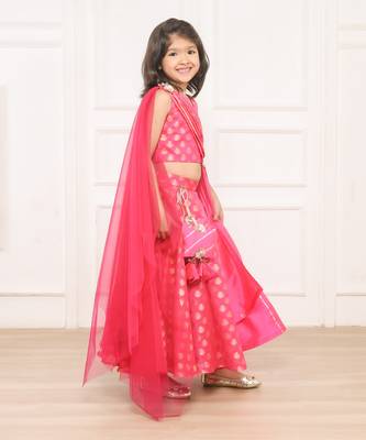 Pink brocade print booti lehenga blouse set 3