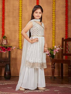 Aarika girls ethnic wear off white colour sequins zari embroidery georgette kurti sharara set 3