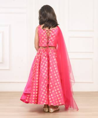 Pink brocade print booti lehenga blouse set 4