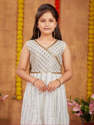 Aarika girls ethnic wear off white colour sequins zari embroidery georgette kurti sharara set 5