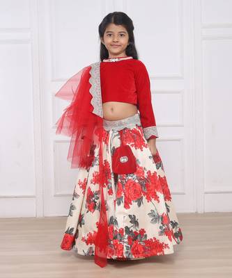 Red velvet cotton print lehenga set 1