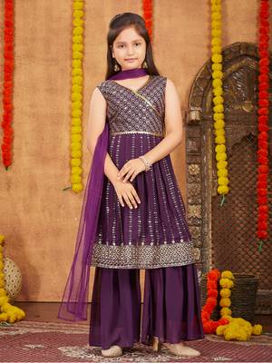 Aarika girls ethnic wear purple colour sequins zari embroidery georgette kurti sharara set 1
