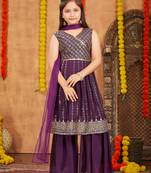 Aarika girls ethnic wear purple colour sequins zari embroidery georgette kurti sharara set