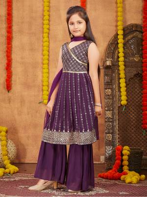 Aarika girls ethnic wear purple colour sequins zari embroidery georgette kurti sharara set 2