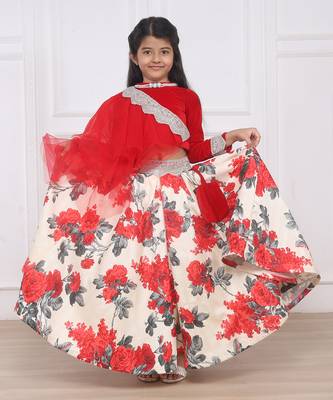Red velvet cotton print lehenga set 4
