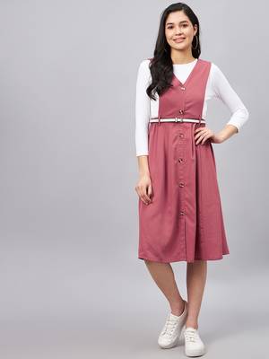Winered women pink solid pinafore dress with button 2