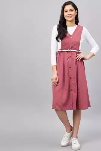Winered women pink solid pinafore dress with button