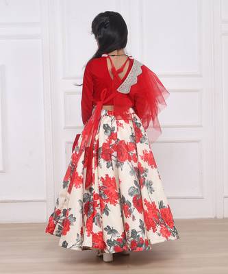 Red velvet cotton print lehenga set 5