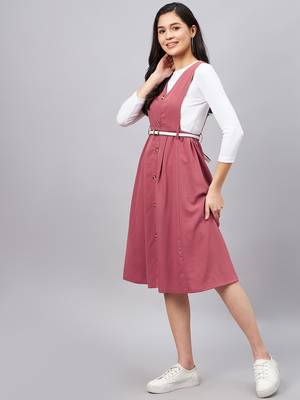 Winered women pink solid pinafore dress with button 3