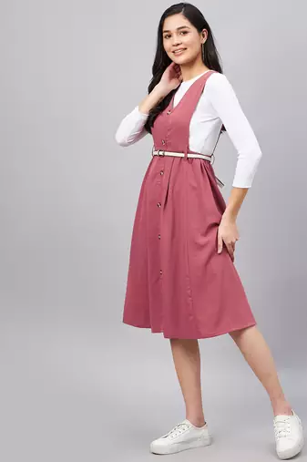 Winered women pink solid pinafore dress with button