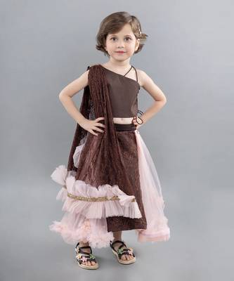 Brown net embroidery lehenga blouse set 1