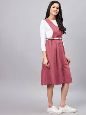 Winered women pink solid pinafore dress with button 4