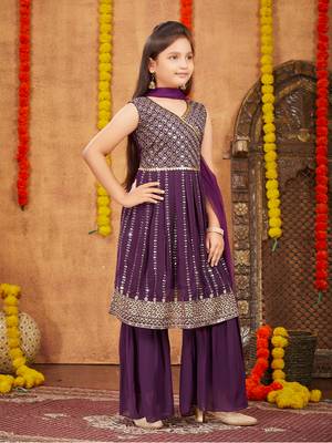 Aarika girls ethnic wear purple colour sequins zari embroidery georgette kurti sharara set 3