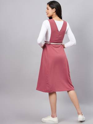 Winered women pink solid pinafore dress with button 5