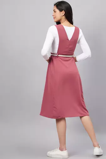 Winered women pink solid pinafore dress with button