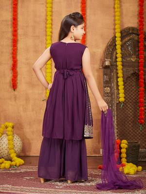 Aarika girls ethnic wear purple colour sequins zari embroidery georgette kurti sharara set 4