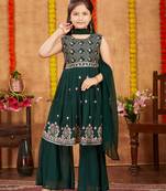 Aarika girls ethnic wear dark green colour zari thread embroidery georgette kurti sharara set