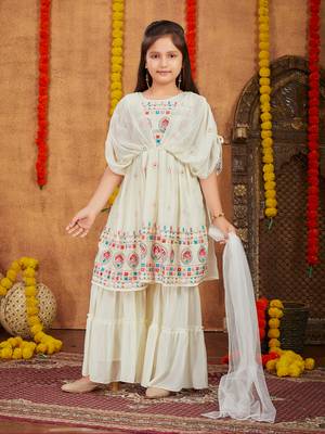 Aarika girls ethnic wear cream colour thread mirror embroidery georgette kurti sharara set 1