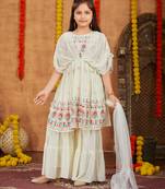 Aarika girls ethnic wear cream colour thread mirror embroidery georgette kurti sharara set