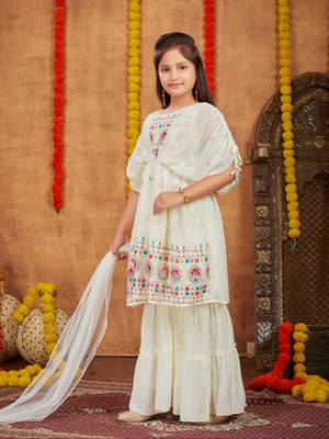 Aarika girls ethnic wear cream colour thread mirror embroidery georgette kurti sharara set 2