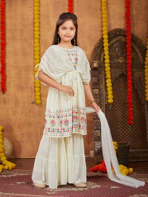 Aarika girls ethnic wear cream colour thread mirror embroidery georgette kurti sharara set 3