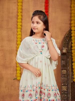 Aarika girls ethnic wear cream colour thread mirror embroidery georgette kurti sharara set 4