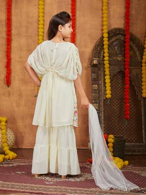 Aarika girls ethnic wear cream colour thread mirror embroidery georgette kurti sharara set 5