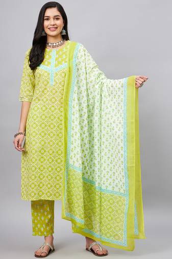 Winered woman lime green with tarquise border kurta set