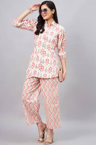Winered woman white and pink front opening collared co-ord set