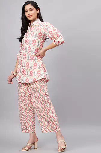 Winered woman white and pink front opening collared co-ord set