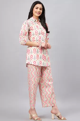 Winered woman white and pink front opening collared co-ord set
