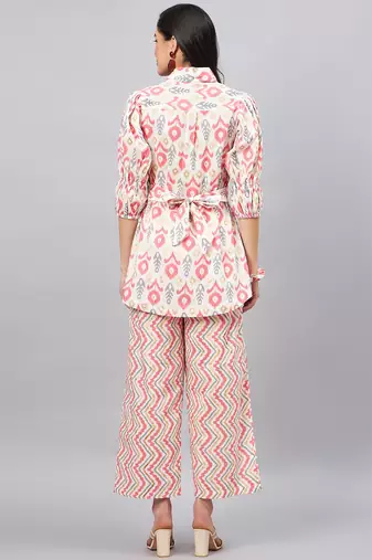 Winered woman white and pink front opening collared co-ord set