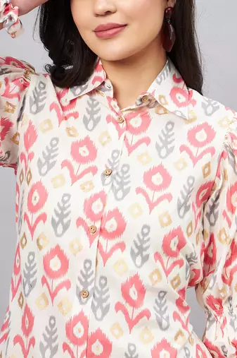Winered woman white and pink front opening collared co-ord set