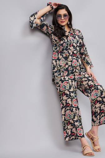 Winered woman black botanical print longline co-ord set