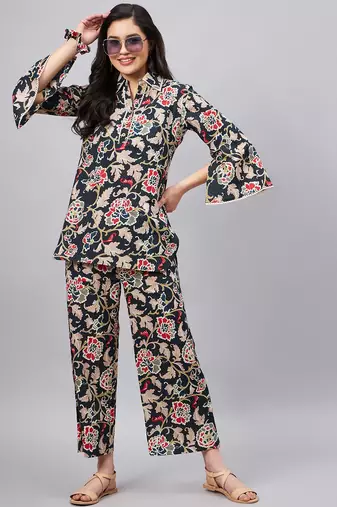 Winered woman black botanical print longline co-ord set